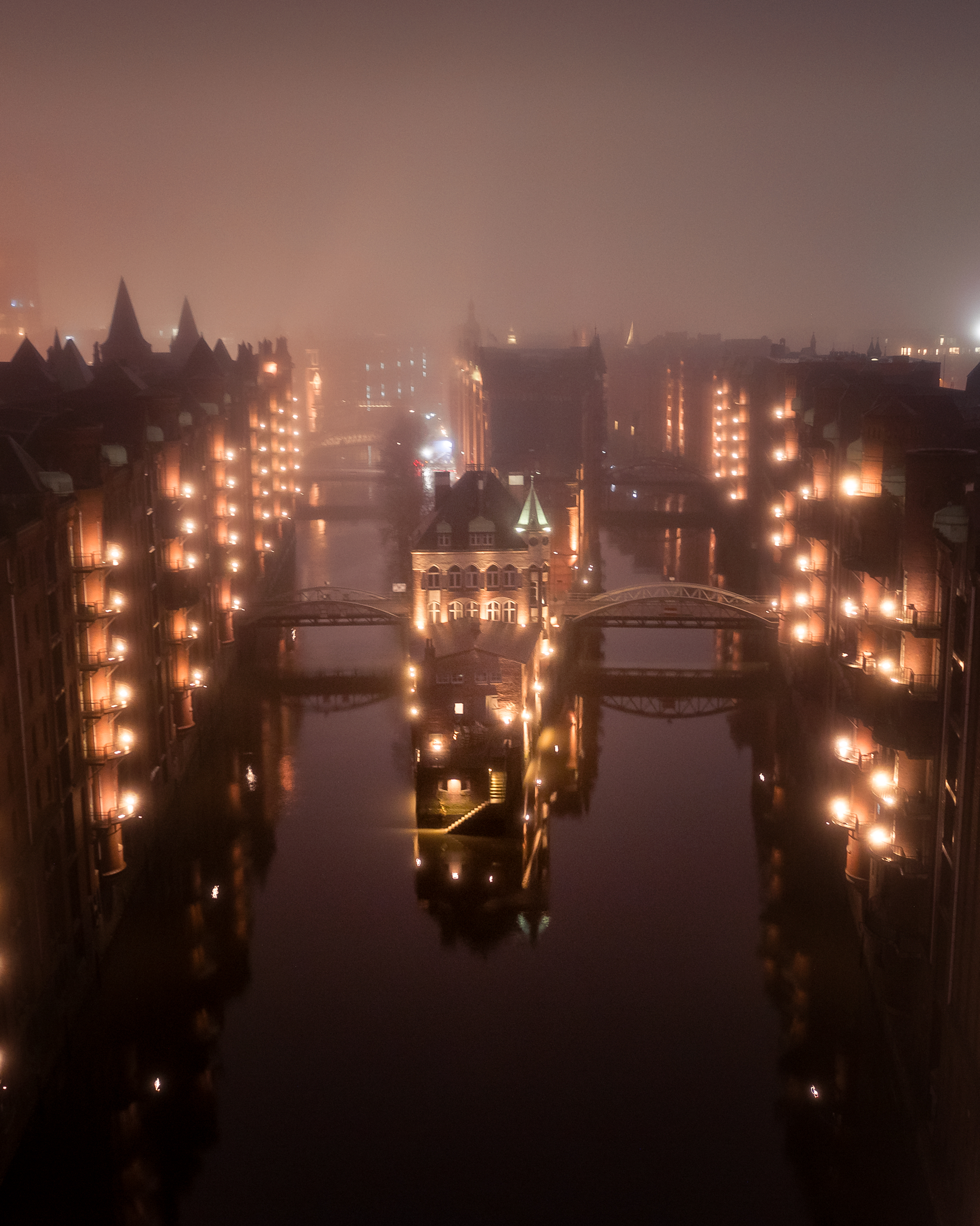 
Water Castle surrounded by fog.
